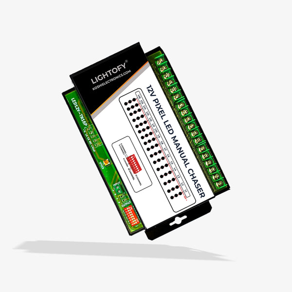 A 12 VOLT MANUAL CHASER for single color LED lights, showing the front side of the device with LED channels and control switches.