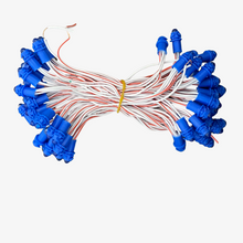 A bunch of 5-inch single color LEDs in various colors attached to copper wires, arranged in rows.