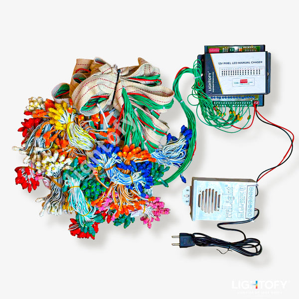 Colorful LED strip lights with a power supply and controller on a white background