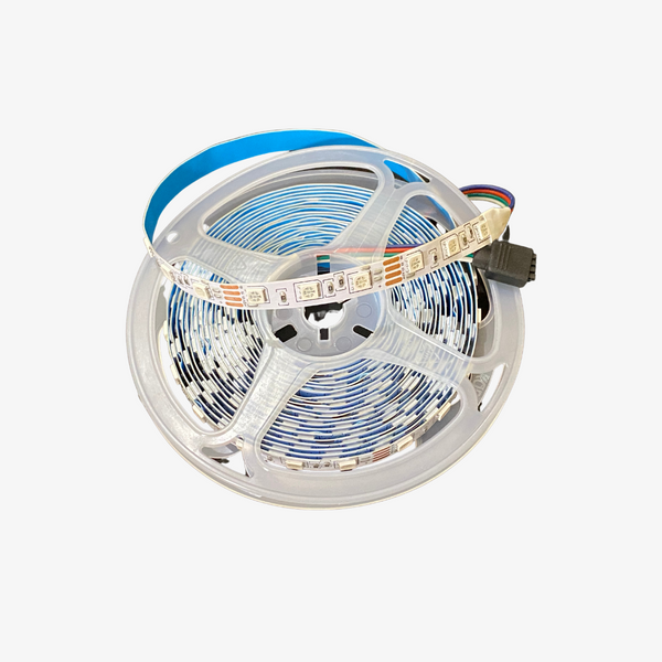 A spool of 12 Volt RGB LED strip light with blue, red, and green colors visible.