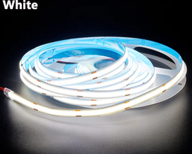 A spool with a single color COB LED strip unrolled to show the LED lights, with separate wires visible.