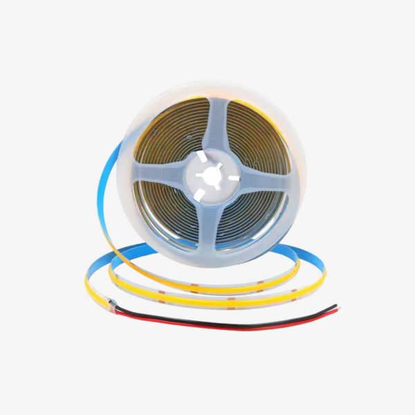 A spool with a single color COB LED strip unrolled to show the LED lights, with separate wires visible.
