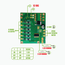 Green electronic circuit board with labeled connections on a white background