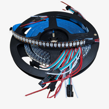 An addressable pixel LED strip with individual LEDs visible, connected to a microcontroller chip, and surrounded by a black casing.