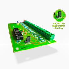 A green 20 port parallel controller IC for pixel LED setups, with preloaded effects and a jumper available for 50 and 100 LED setting in height.