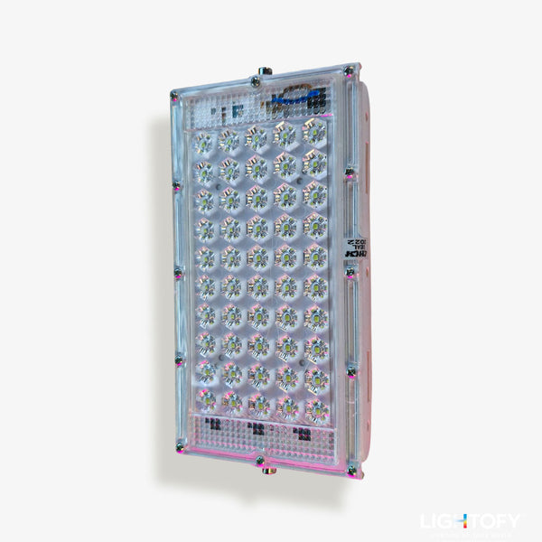 LED light panel with a grid pattern on a white background