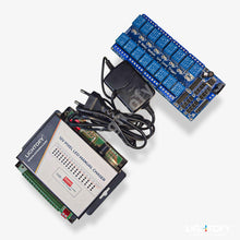 Electronic components including a blue LED strip, power adapter, and control board on a white background.