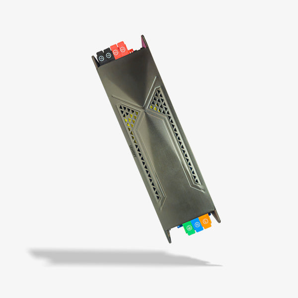 A 24 volt slim body SMPS, which is a type of power supply unit, with various colored wires connected to it.