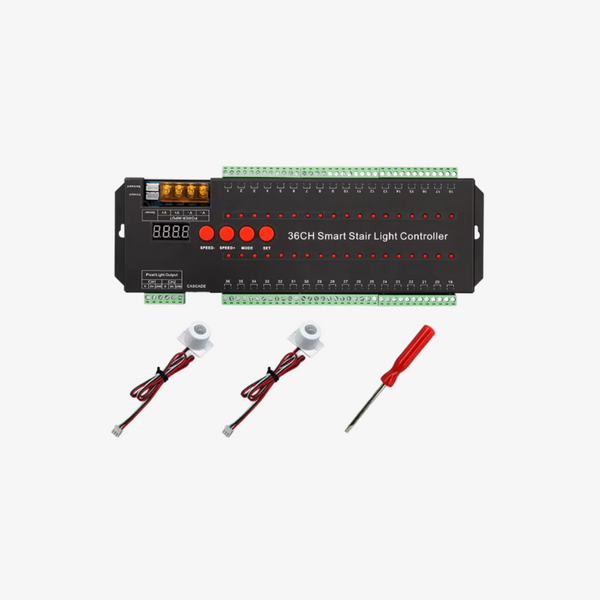 36-channel smart stair light controller with LED strips, sensors, and wiring