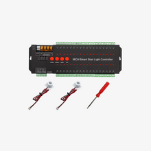 36-channel smart stair light controller with LED strips, sensors, and wiring