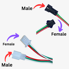 3 Pin Male Female Connector, showing both male and female connectors with the wiring in between, highlighted in red and blue for male and female connections respectively.