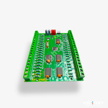 Green electronic circuit board with components on a white background