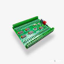 Green electronic circuit board with components on a white background