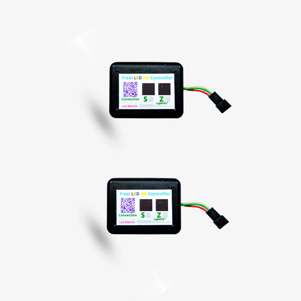 Two HD sync controllers, one labeled 50X40 and the other 25X80, with a display screen and connected to LED strips.