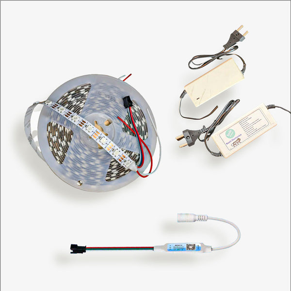 LED strip light kit with power supply and connectors on a white background