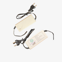 A beige 5 volt power adapter with a two-prong EU plug on one end and a US-style plug on the other. The adapter has a white body with a label and multiple cables attached.