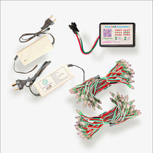Pixel LED controller with power supply and LED lights on a white background