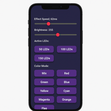Phone screen displaying LED control settings with effect speed, brightness, and color mode options.