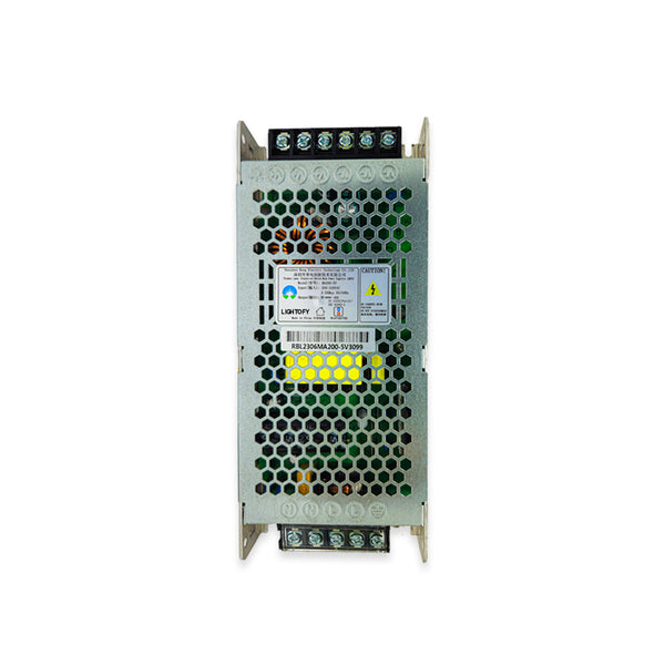 A compact 5 VOLT SLIM BODY SUPPLY with red and blue connectors and a gold-colored metal casing.