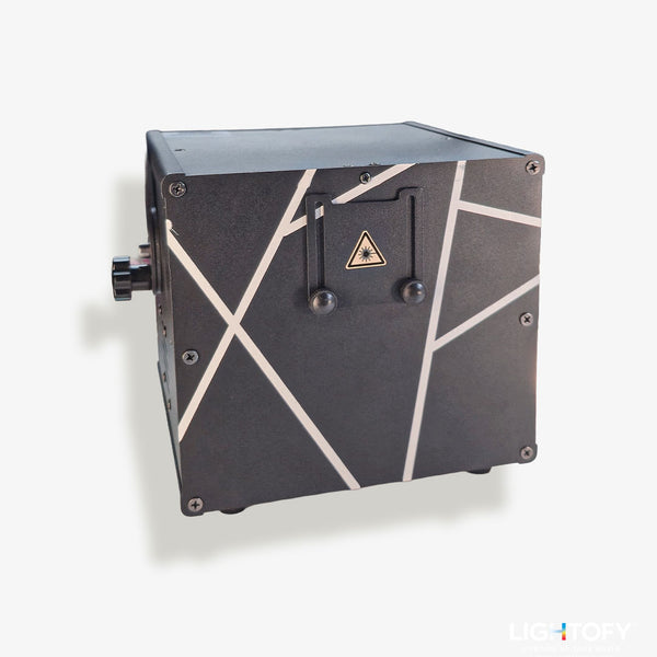 Black rectangular box with geometric design on a white background