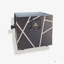 Black rectangular box with geometric design on a white background