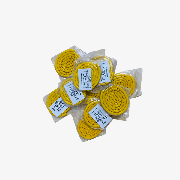 A collection of yellow cable markers (ferules) packaged in clear plastic, with white labels on them.