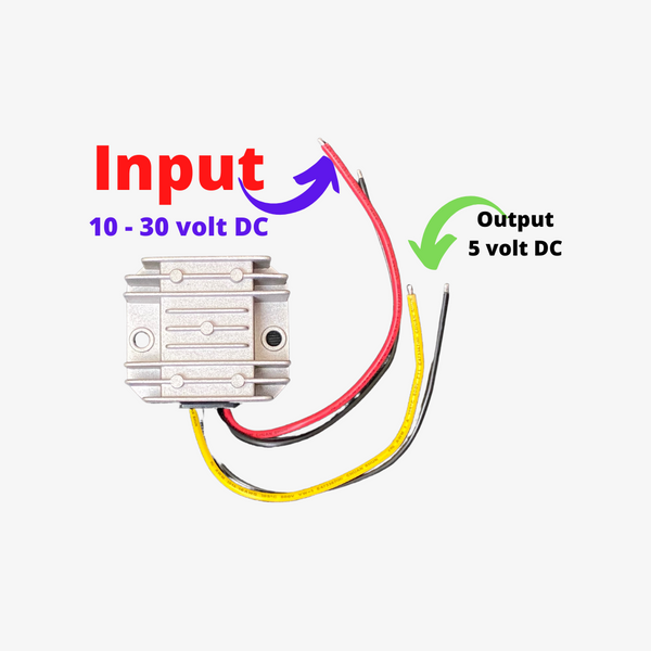 A silver DC to DC 5 volt converter with red and blue arrows indicating the input and output connections, and a yellow wire with a connector for grounding.