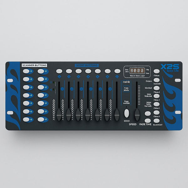 DJ controller with blue and white design on a gray background