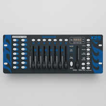 DJ controller with blue and white design on a gray background