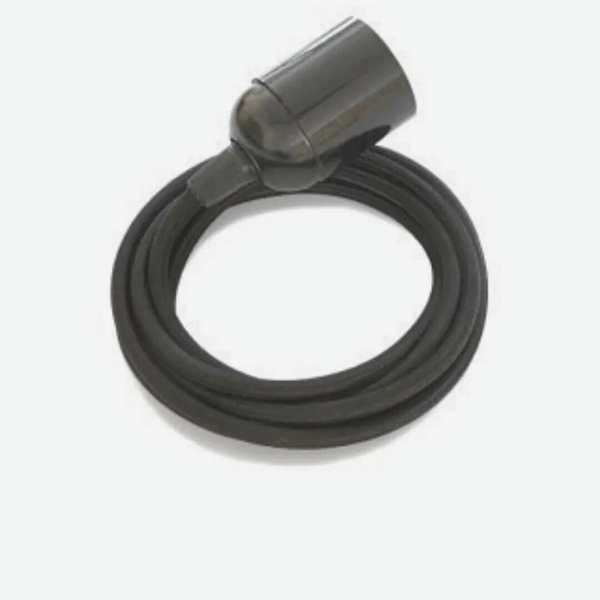 Coiled black cable with a metallic connector on a white background