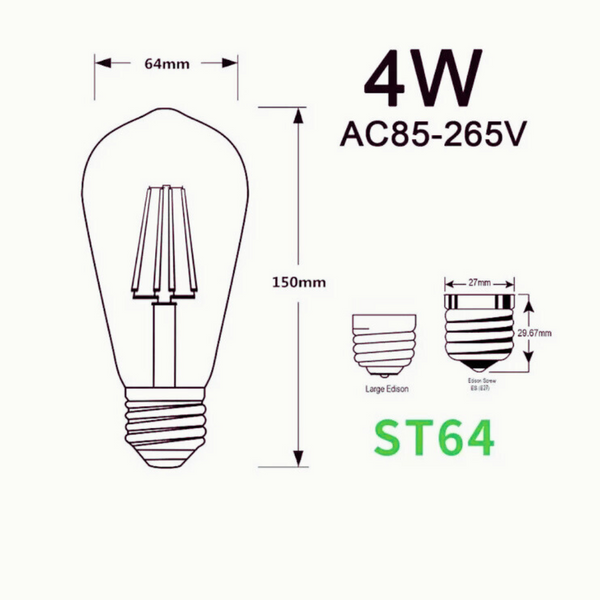 Diagram of a light bulb with dimensions and specifications on a white background