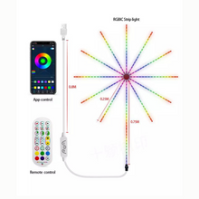 A Firework LED Magic Color Lamp with a cylindrical shape, displaying multicolored LED lights. Includes a remote control and a diagram showing the lamp's connectivity to a smartphone app.