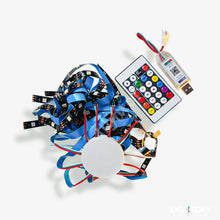 RGB LED strip with remote control and power adapter on a white background