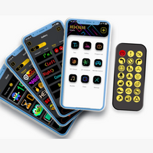 Multiple smartphones displaying colorful app icons on a white background