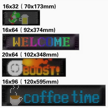 LED display panels of different sizes with text and graphics on a white background