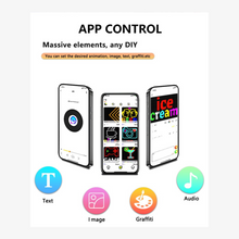 Smartphone app control interface with text, image, graffiti, and audio icons.