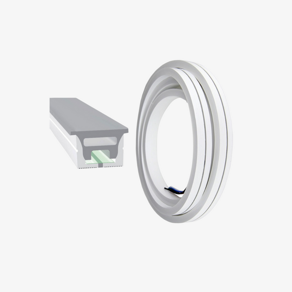 An LED profile with a flexible silicone section and aluminium clips, displayed against a white background.