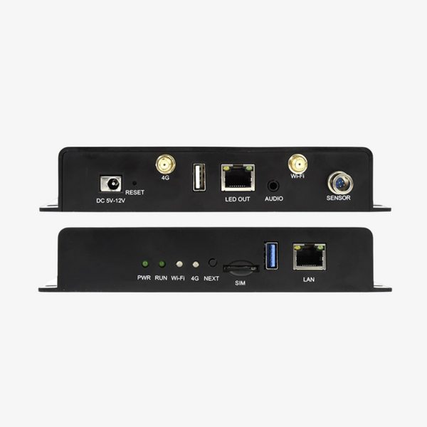 Rear view of a black LED display multimedia player with various ports and interfaces, including USB and network ports.