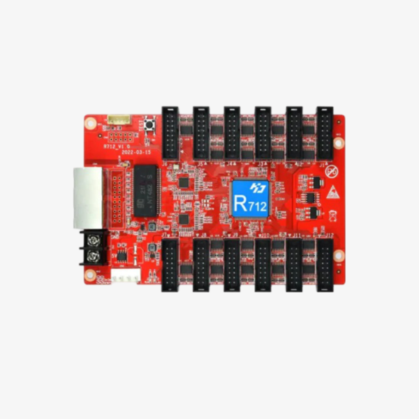 A red circuit board for an LED display receiving card, labeled HD-R712, with various electronic components and connectors visible.