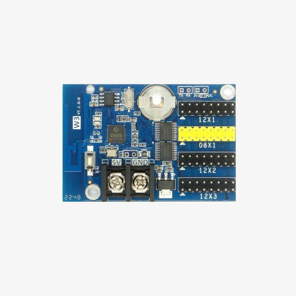 A blue printed circuit board for an HD-W3 P10 single color controller, featuring various electronic components and connectors.