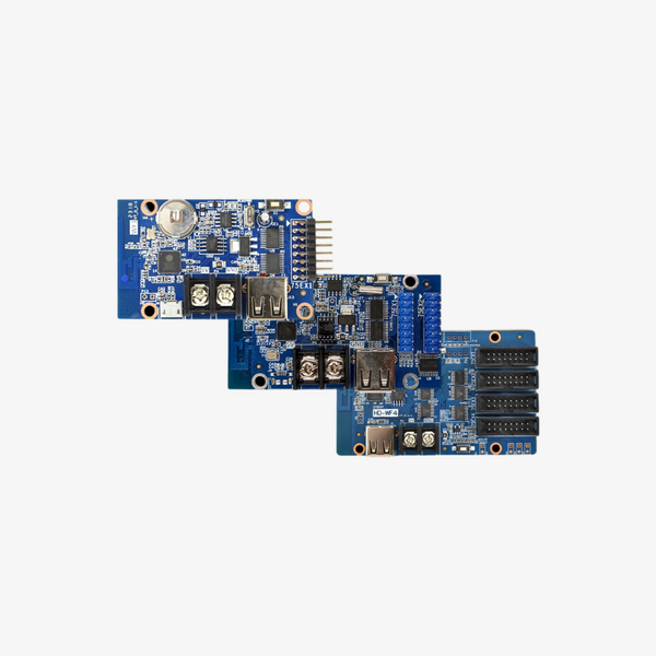 Three blue circuit boards labeled HD-WF1, HD-WF2, and HD-WF4 with electronic components and connectors visible.