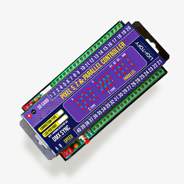 Electronic controller board with various connectors and labels on a white background