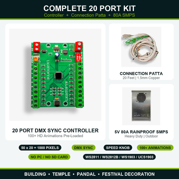 Pixel LED Complete 20 Port Kit for Building, Temple & Festival Decoration | DMX Sync Controller + Connection Patta + 80A SMPS | Koshi Electronics