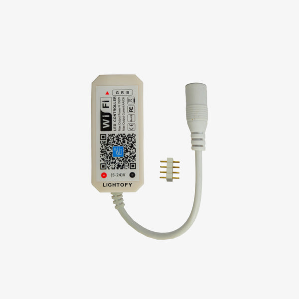 A Mini WIFI RGB LED controller with a white label that includes the brand name 'Lighthouse' and a QR code, alongside a white connector pin.