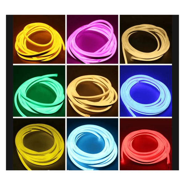 A collection of neon flex LED strip lights in various colors, including yellow, multicolor, blue, green, red, and white, displayed in different orientations against a dark background.