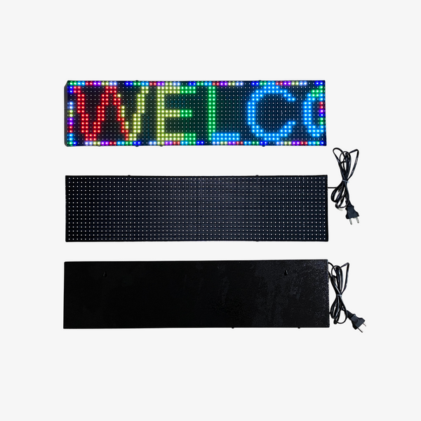 A P10 single color LED display with a multicolored segment text 'WELCOME'. The image shows the display from a top angle view and a side view, including power cables.