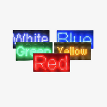 An LED module with individual red, green, blue, and yellow lights arranged in a matrix pattern, displaying the words 'Red', 'Green', 'Blue', and 'Yellow'.