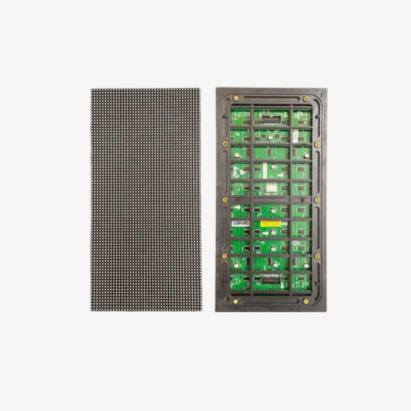P5 outdoor LED display module showing the front panel with LED pixels and the back side with electronic components and wiring.