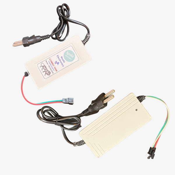 A beige and black pixel LED combo controller with connecting wires and a power plug.