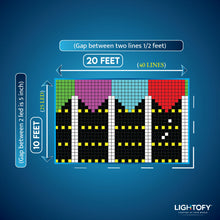Diagram showing LED strip layout with dimensions and spacing on a blue background, featuring the Lightofy brand.